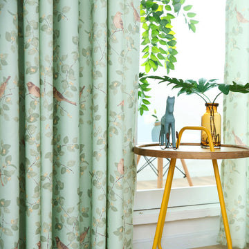 Green Leaf Bird Print Curtains for Korean Bay Windows - Stylish Mesh Design