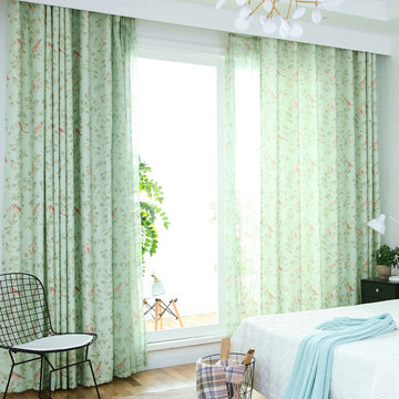 Green Leaf Bird Print Curtains for Korean Bay Windows - Stylish Mesh Design